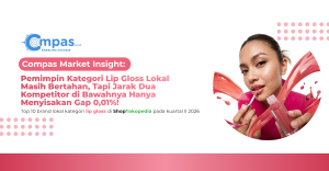 Top 10 brand lokal kategori lip gloss di ShopTokopedia Q2 2026 dengan market leader yang tetap bertahan dan gap Mother of Pearl serta Oh My Glam hanya 0,01%.